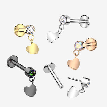 Detail View 1 of Implant Grade Titanium OneFit Threadless Rose Gold Sparkle Dangle Heart Top Flat Back Labret-Aurora Borealis